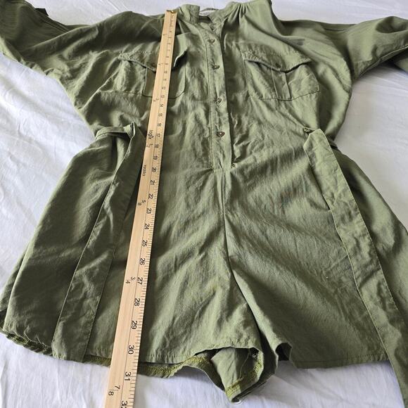 Embroidered Floral Army Green Cargo Romper Short Roll Sleeves Tie Waist Button - Picture 7 of 10